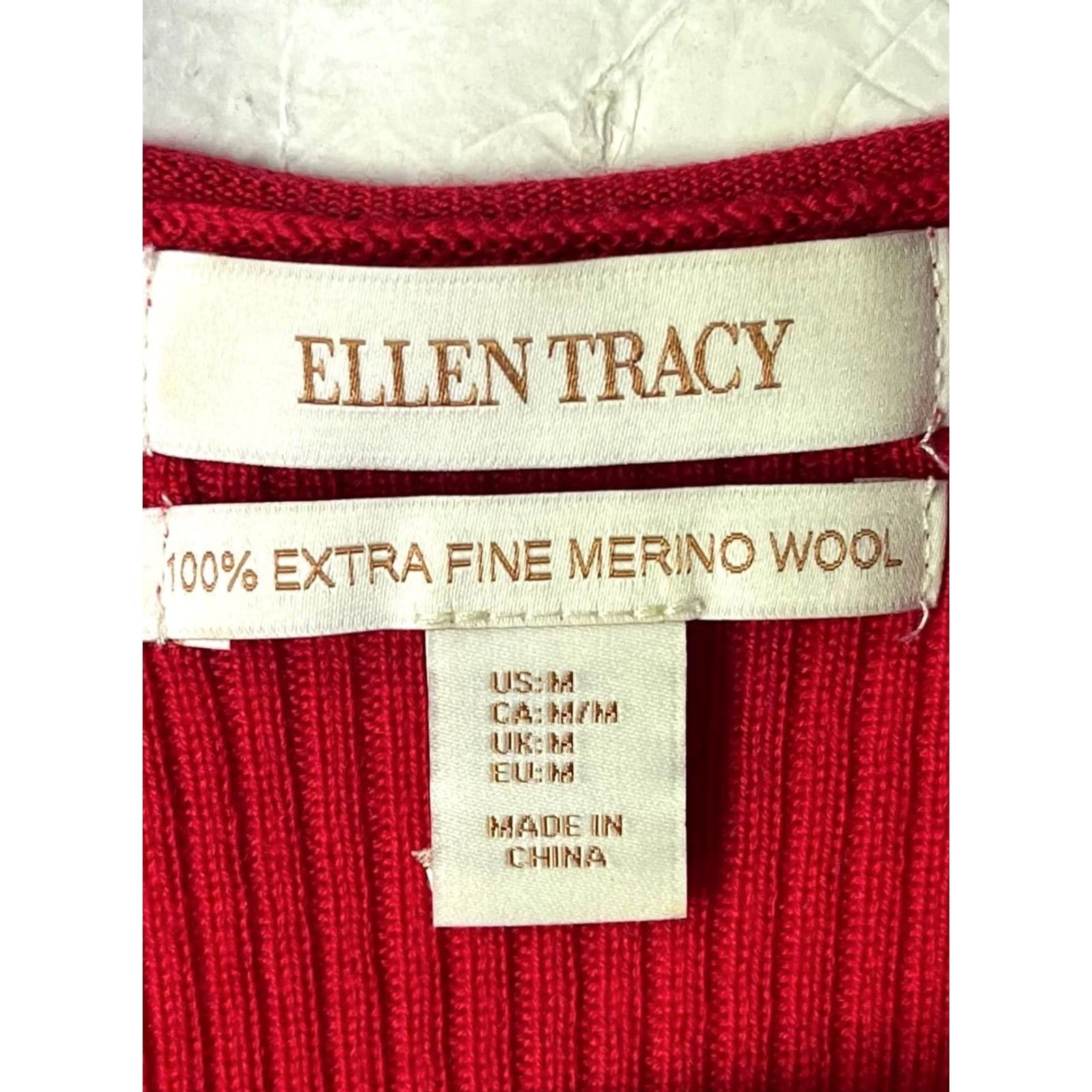 Ellen Tracy Ellen Tracy Womens Red V-Neck Knit Long Sleeve Sweater M Extrafine Merino Wool Size M / US 6-8 / IT 42-44 - 6 Thumbnail