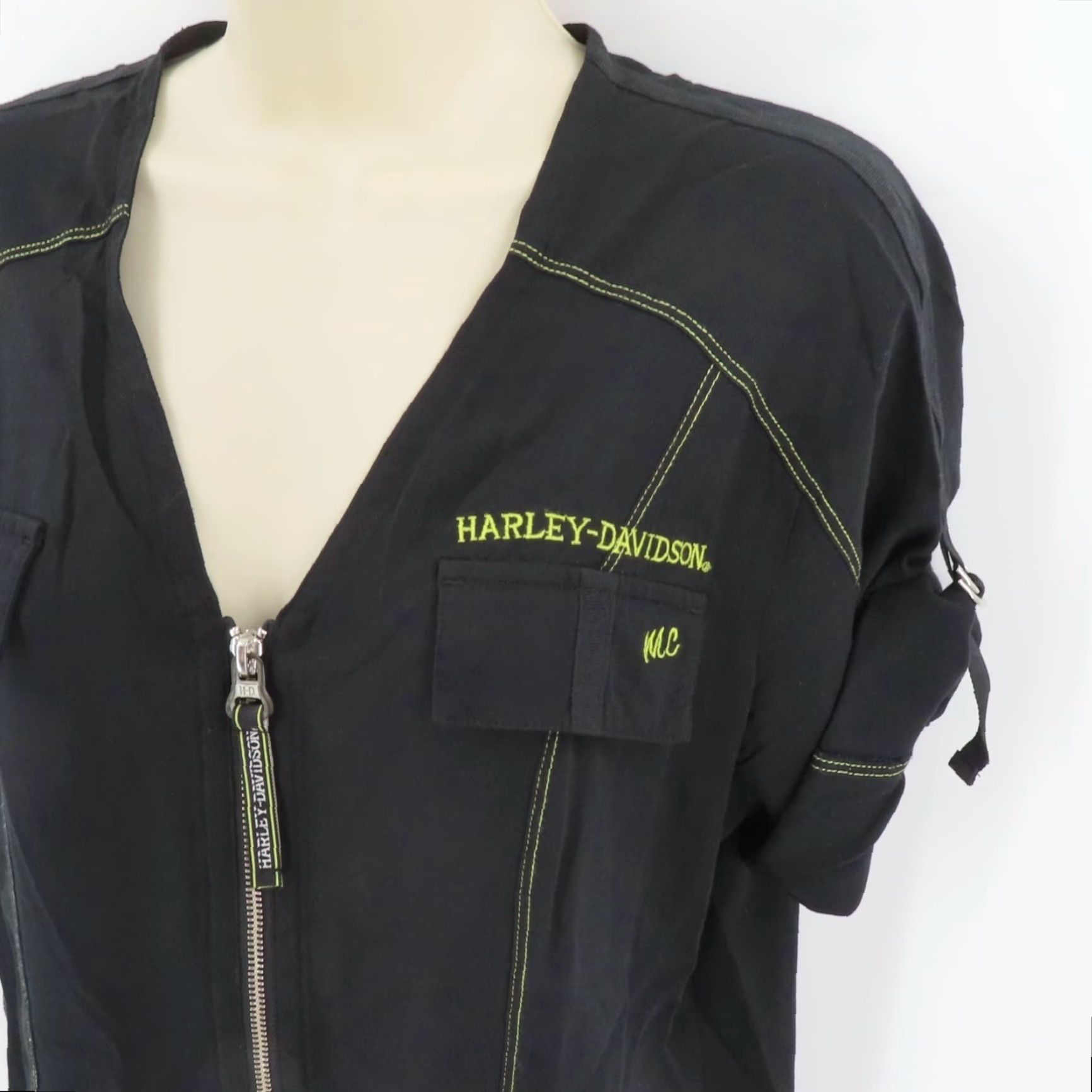 Harley Davidson Harley-Davidson Blouse Shirt Women Medium Black Short Sleeve Zipper Front Top | Motorcycle Theme, Basic Style, Solid Pattern Size M / US 6-8 / IT 42-44 - 4 Thumbnail