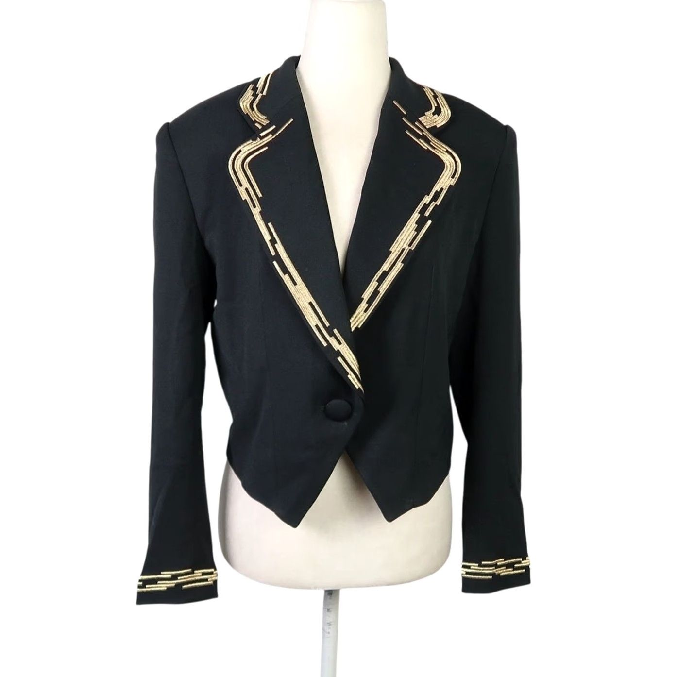 Vintage VINTAGE Suzelle Blazer Crop Jacket Black Gold Trim 90s Women's 4 Long Sleeve Button Short Satin/Acetate Glitter 80s 90s - Mens Womens Girls Boys Size S / US 4 / IT 40 - 2 Thumbnail