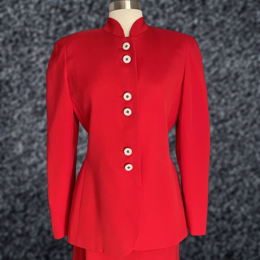 Carolina Herrera VINTAGE Carolina Herrera 90s Silk Jacket & Skirt Suit Rhinestone Buttons Sz 10 Women Red 2 Piece Set Size 32" / US 10 / IT 46 - 1 Thumbnail