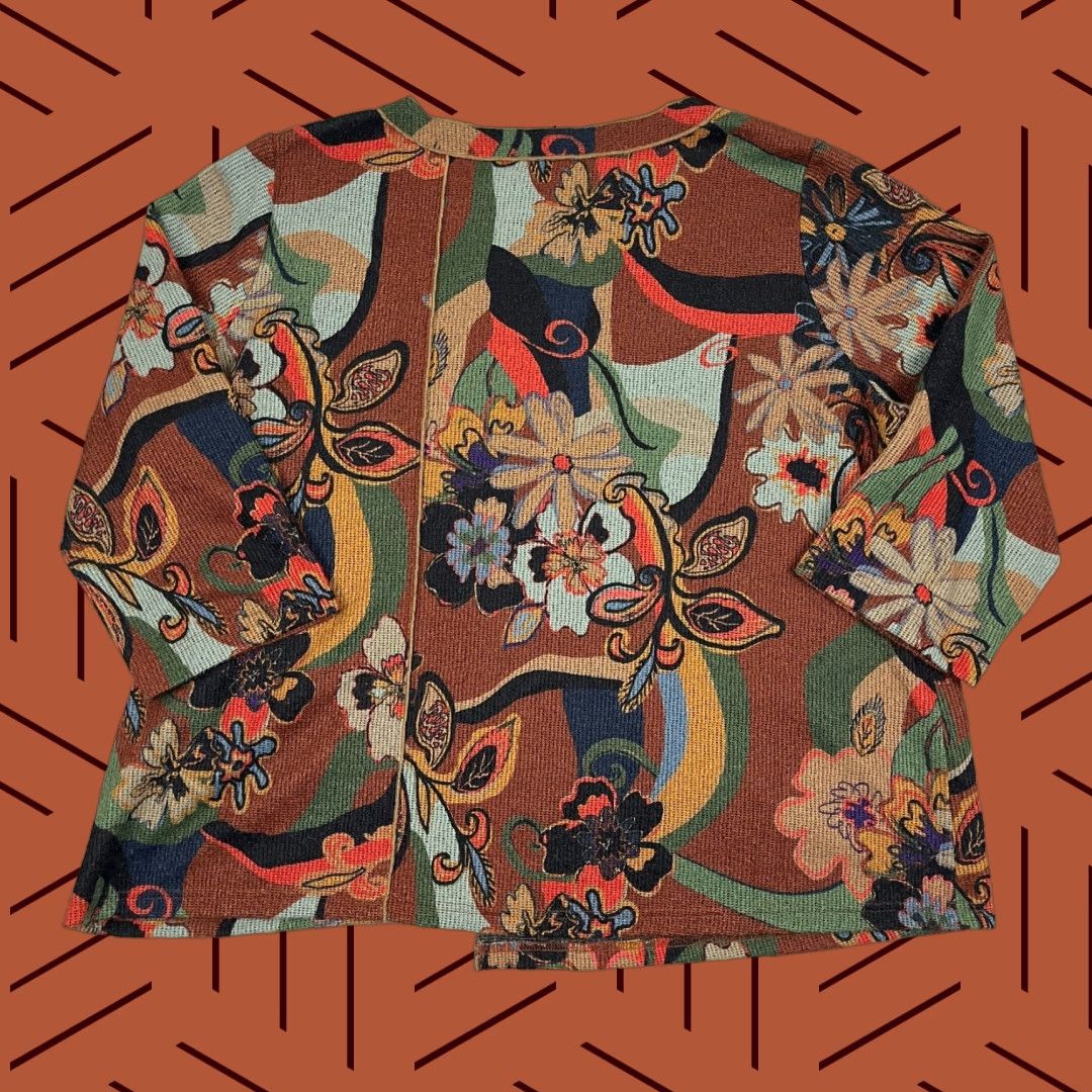 Vintage Ali Miles Blouse Womens 2X Brown Floral Abstract Knit Asymmetrical Spring Boho Shirt Women Plus Size 2X Floral Pattern 3/4 Sleeve Knit Blouse Size XXL / US 16-18 / IT 52-54 - 1 Thumbnail