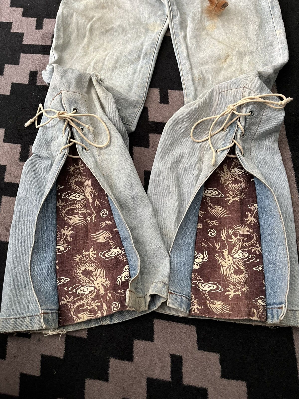 Le Grande Bleu (L.G.B.) 2000s pendora lace up dragon distressed mud wash flare jeans Size US 28 / EU 44 - 4 Thumbnail