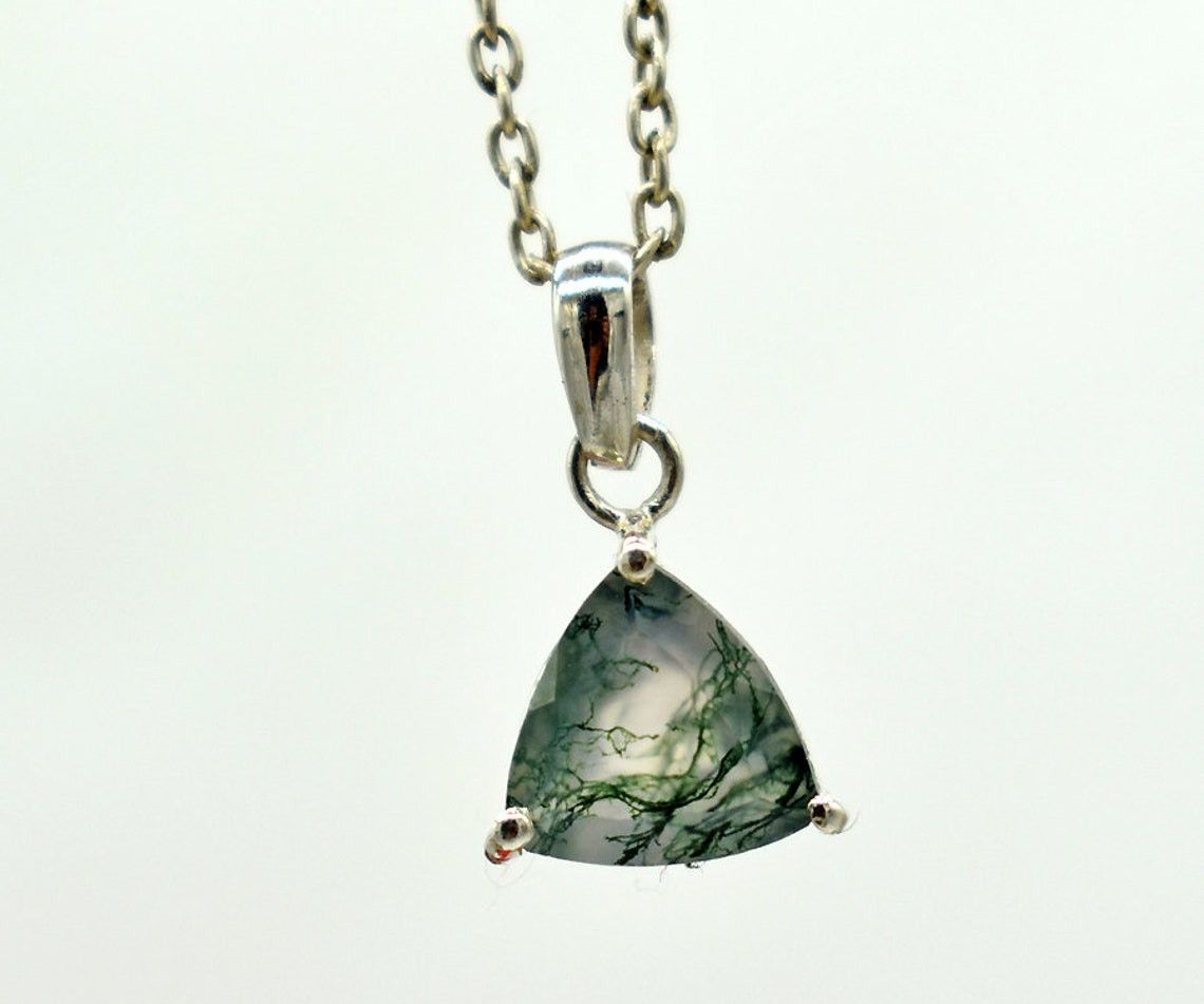 Handmade Triangle Moss Agate Necklace: 925 Sterling Silver Pendant Size ONE SIZE - 1 Thumbnail