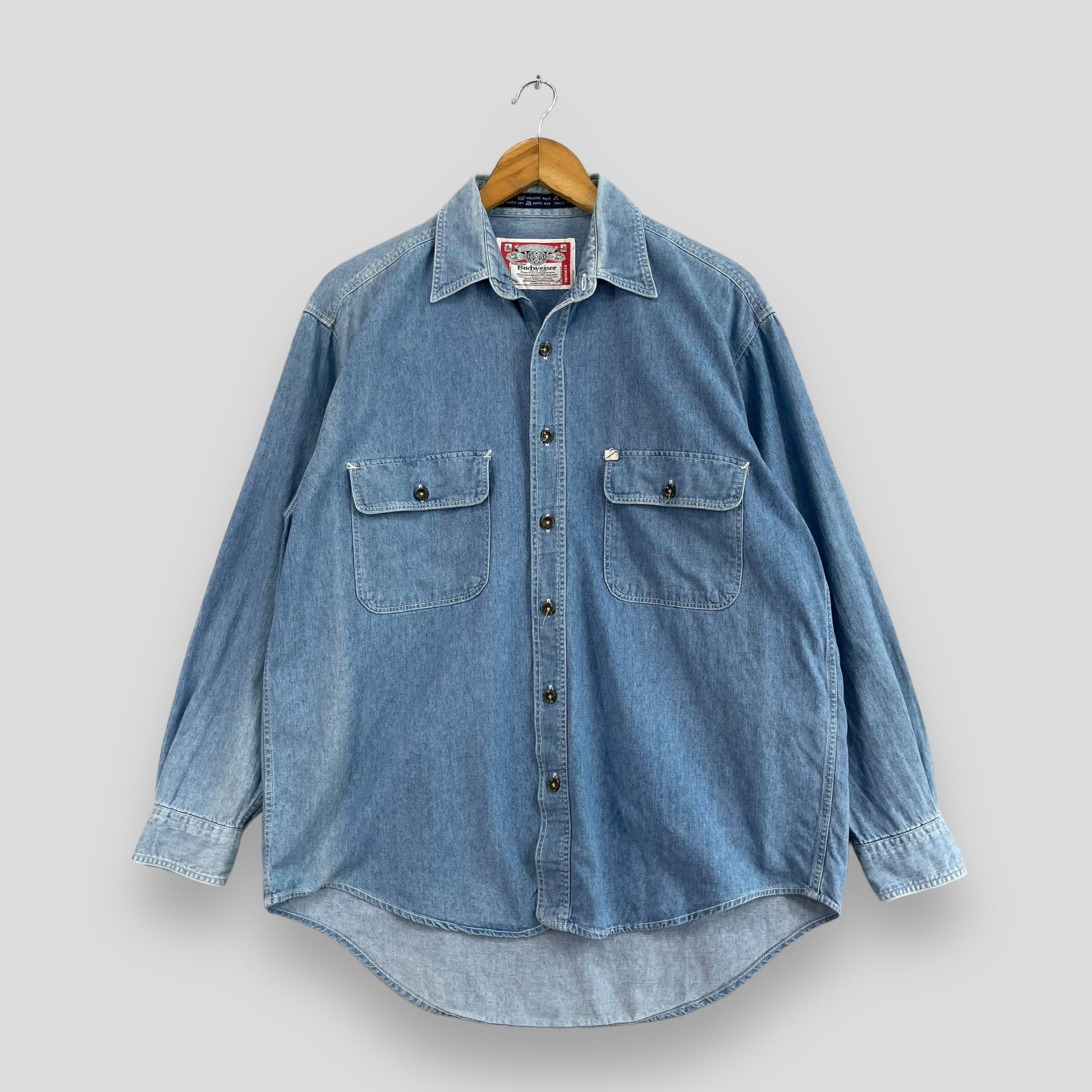 Budweiser × Vintage Vintage BUDWEISER Back Hit Denim Worker Sun Faded Shirt Size US L / EU 52-54 / 3 - 1 Thumbnail