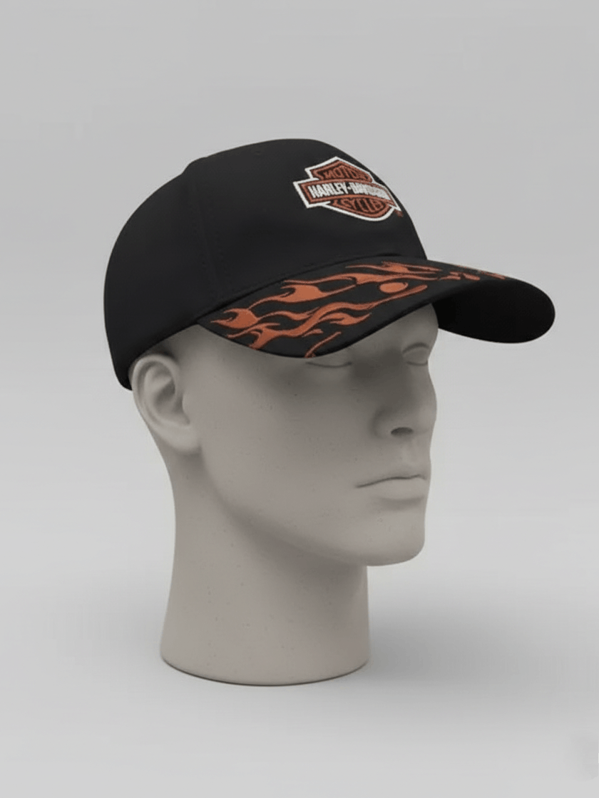 Vintage Harley Davidson Flame Graphic Fullcap Hat - Black/Orange Size ONE SIZE - 3 Thumbnail