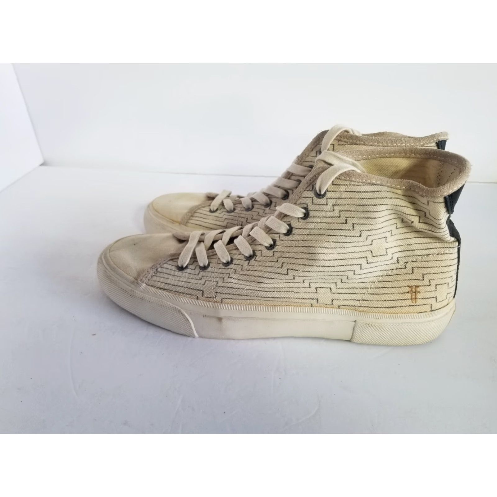 Frye FRYE High Top Sneakers Beige Black Lace Up Men 12 Canvas Athletic Sneaker Rubber Outsole Geometric Pattern Shoes Size US L / EU 52-54 / 3 - 5 Thumbnail