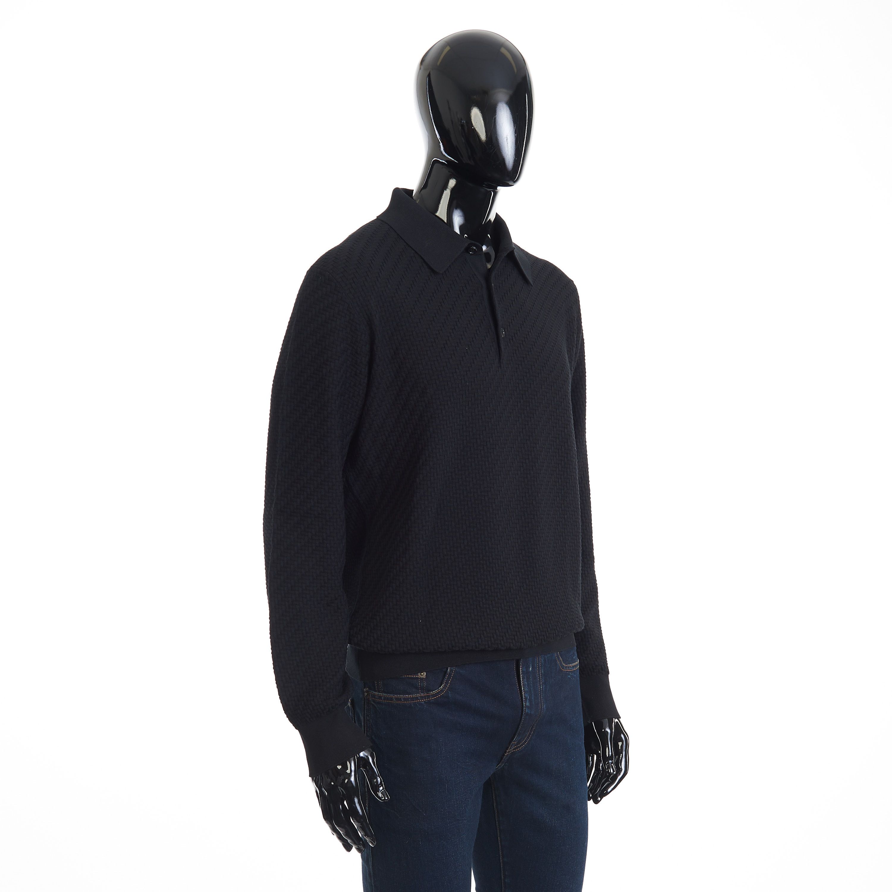 Brioni Black Cotton, Silk And Cashmere Trama Weave Polo Sweater 5XL Size US XXL / EU 58 / 5 - 7 Thumbnail