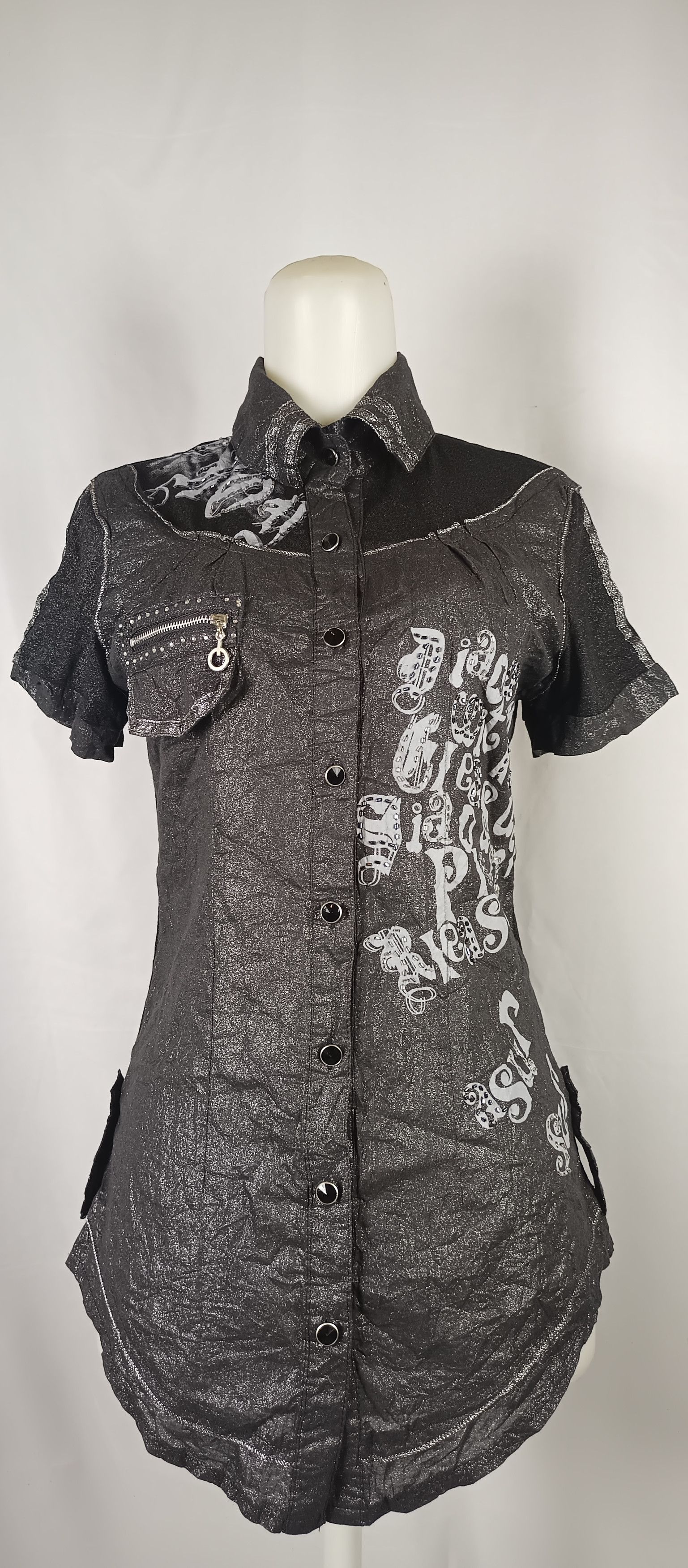 Women's Black Poem Shimmer Blouses Short Sleeve