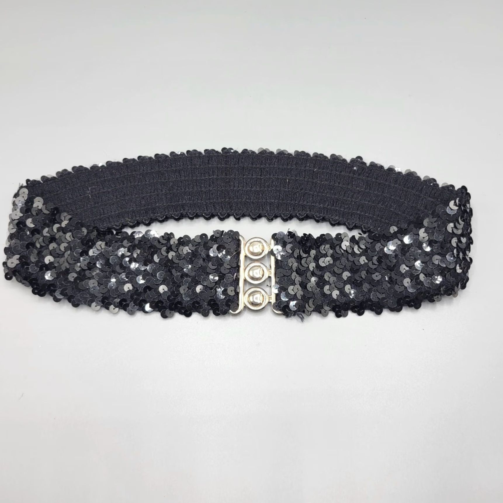 Vintage VINTAGE Black Sequin Elastic Stretch Belt Metal Clasp Closure Women One Size Black Womens Belt Sequin Stretch Size ONE SIZE - 2 Thumbnail