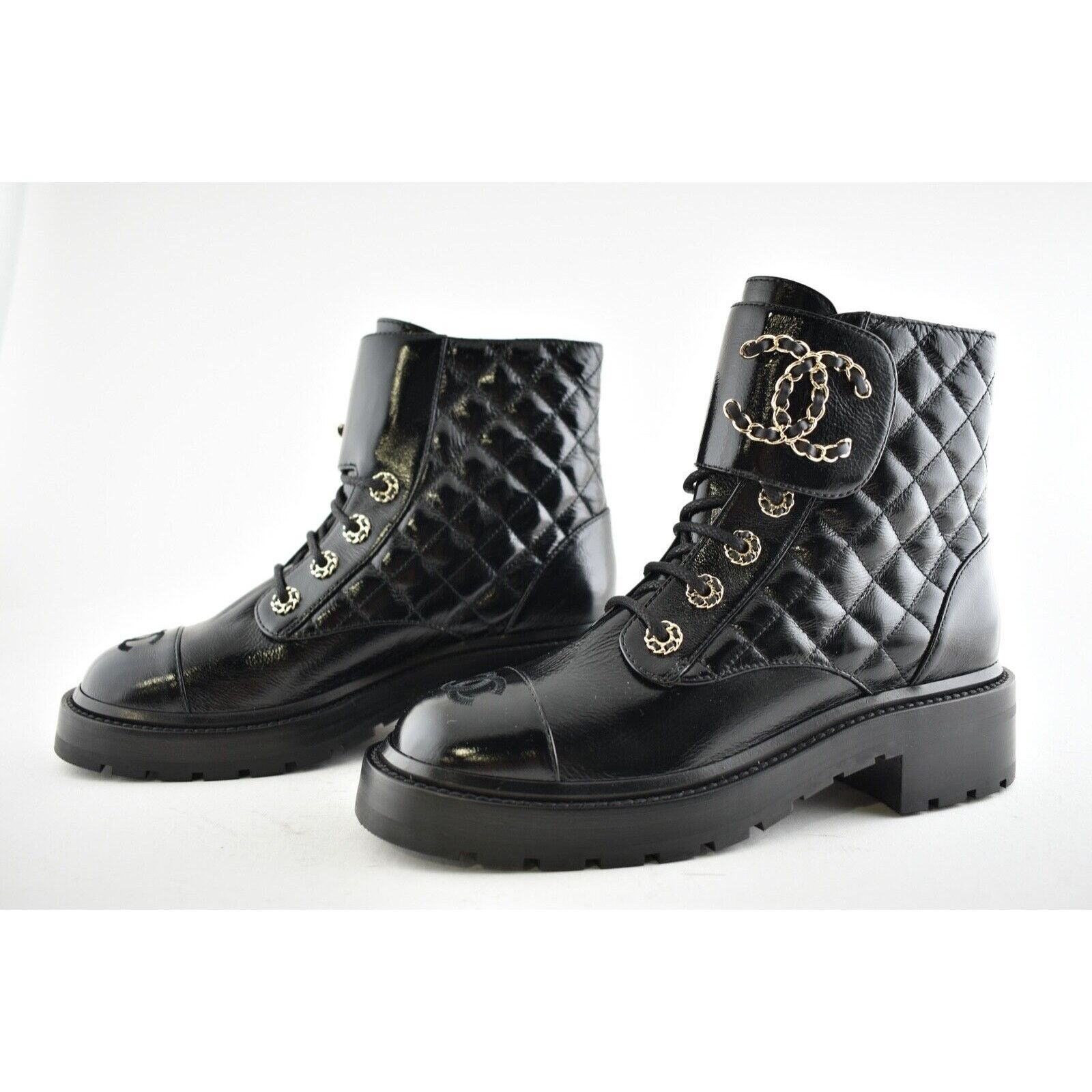 Chanel 21A Shiny Patent Quilted Chain Combat Ankle Short Boot 40.5 Size US 10.5 / IT 40.5 - 9 Thumbnail