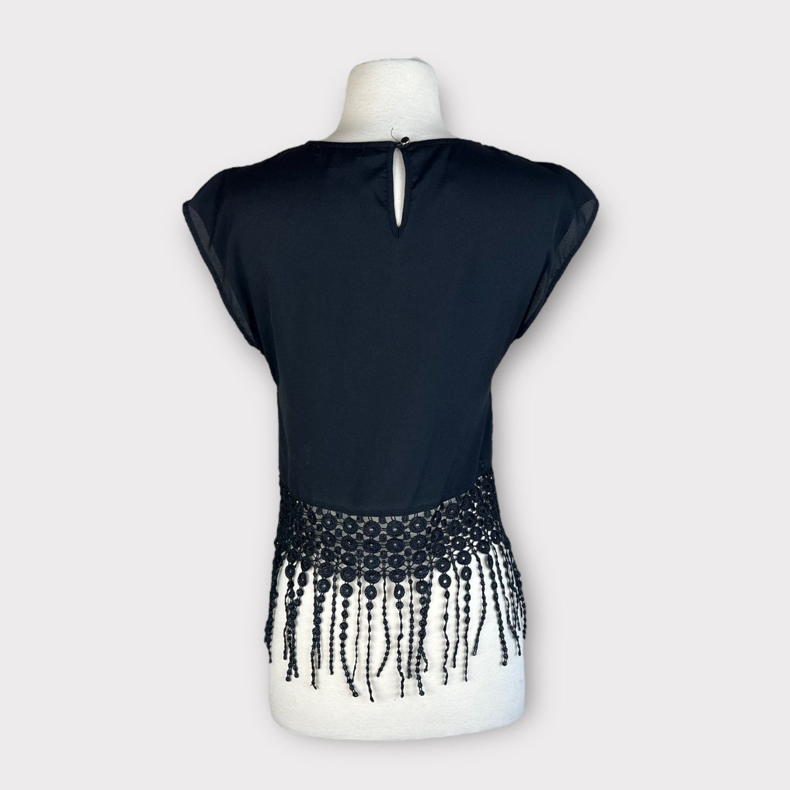 Nordstrom Monteau | Black Fringe Boho Short Sleeves Blouse I XS Size XS / US 0-2 / IT 36-38 - 4 Thumbnail