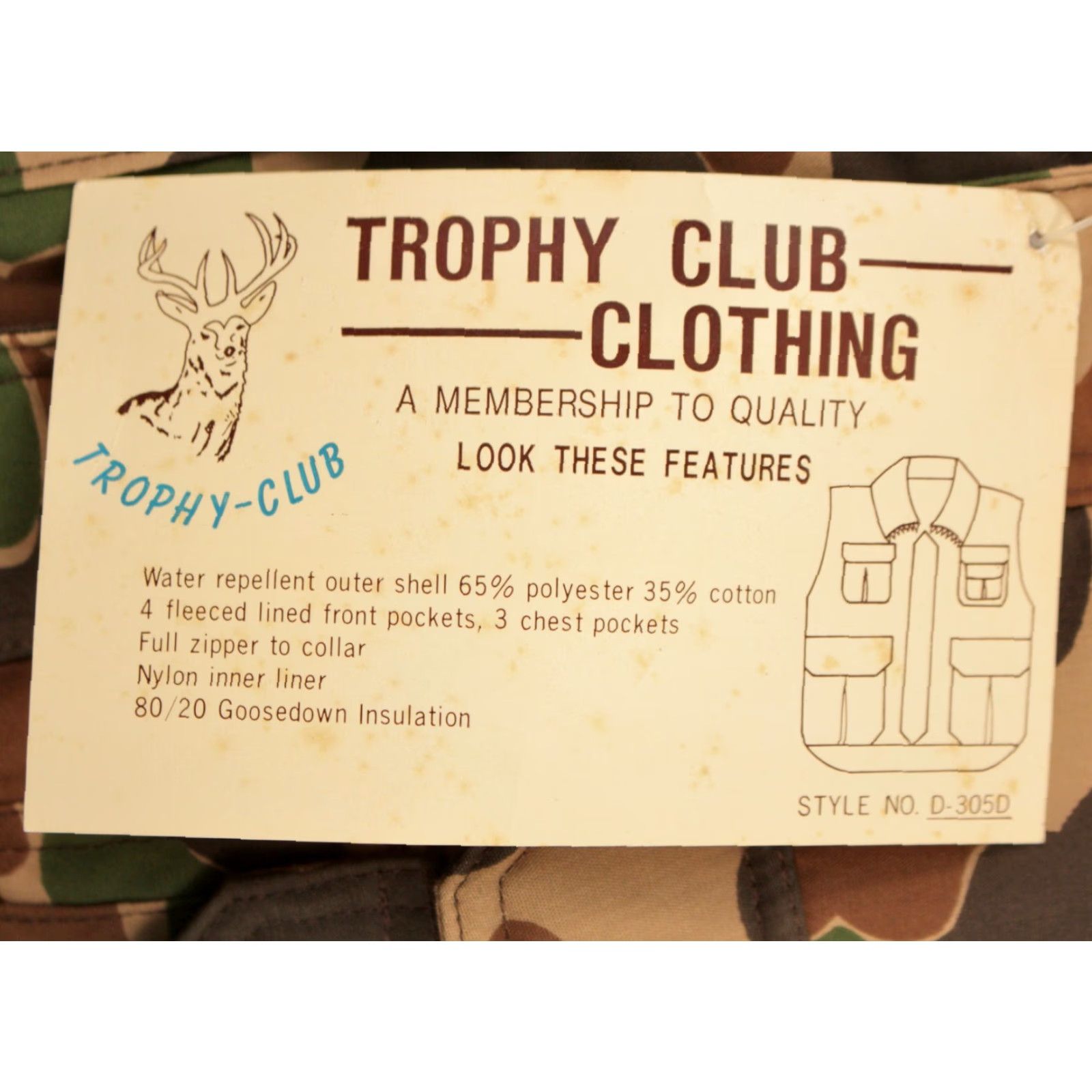 Vintage Trophy Club Men's VTG 70s Brown Camo Puffy Vest M 1970s Outdoor Shirt Size US M / EU 48-50 / 2 - 6 Thumbnail