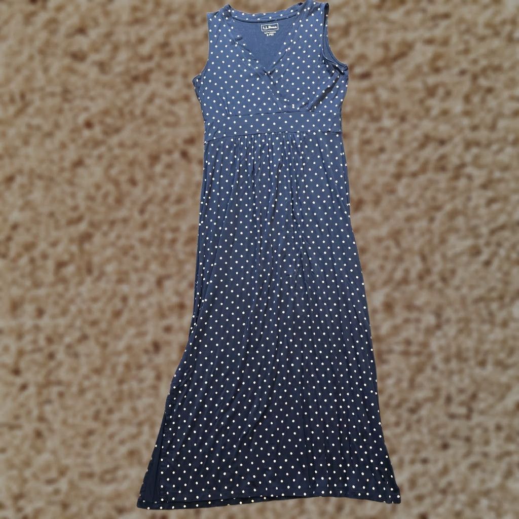 Vintage LL Bean Dress Womens Size Small Petite Blue Polka Dot Summer Knit V Neck Stretch XS? Wait Size S / US 4 / IT 40 - 1 Thumbnail