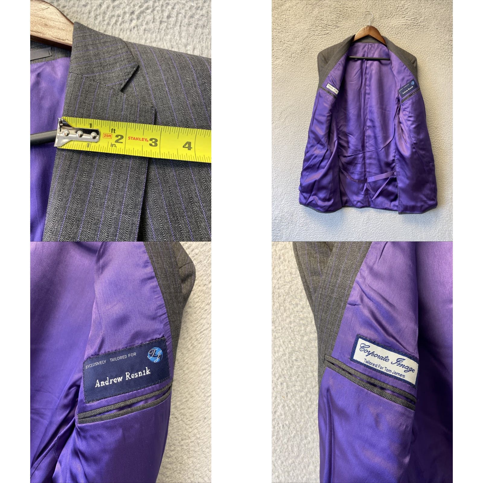Vintage Tom James Blazer Mens 40R Grey Wool Twill Striped Notch Lapel Double-Vented 2-Button Front Jacket /135-17 Size 40R - 8 Thumbnail
