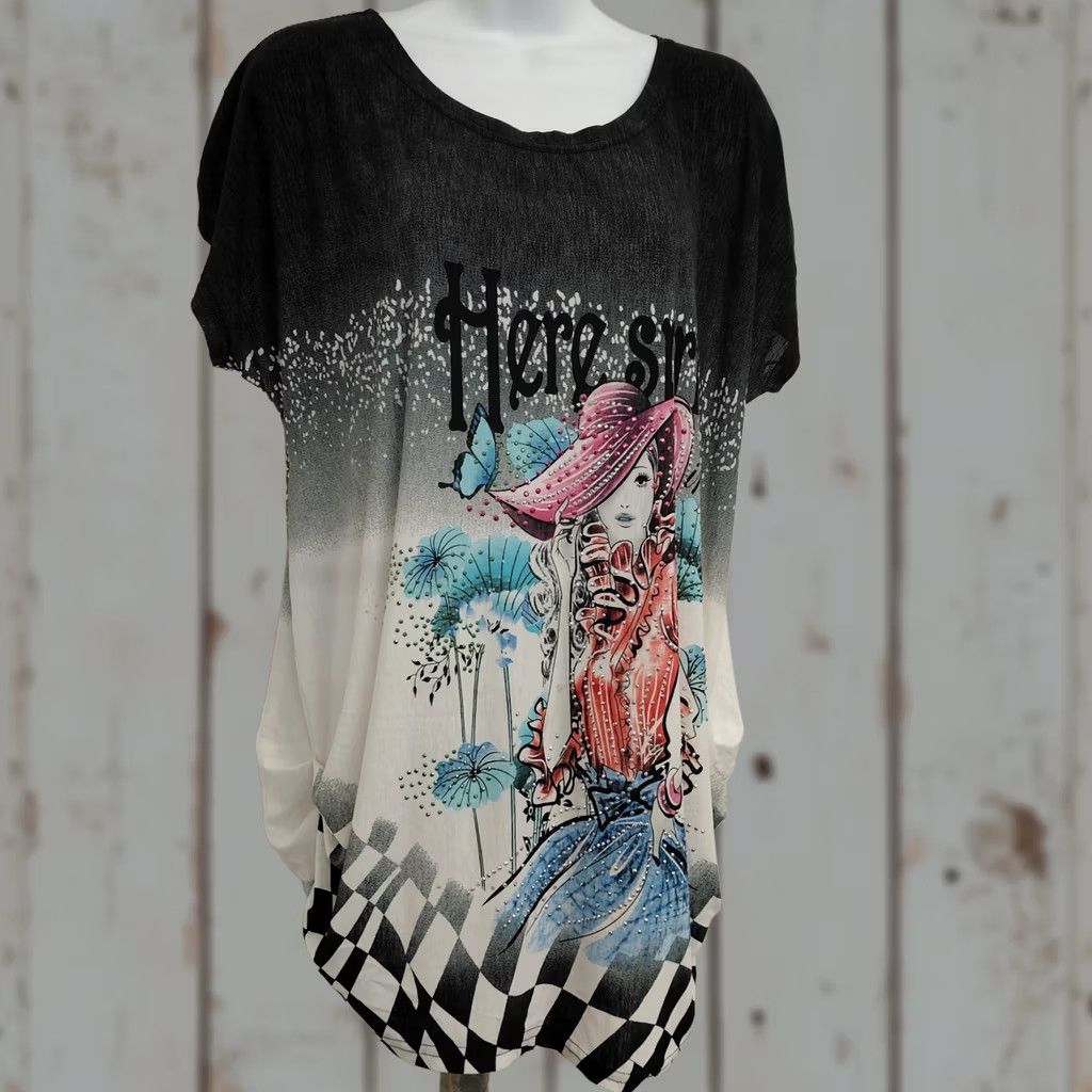 Hereu USA P NY Tunic Blouse Women M/L Gray White Checkered Short Sleeve Round Neck Beaded Pleated Rhinestone Sequin Floral Silk-like Polyester Spandex Size M / US 6-8 / IT 42-44 - 1 Thumbnail