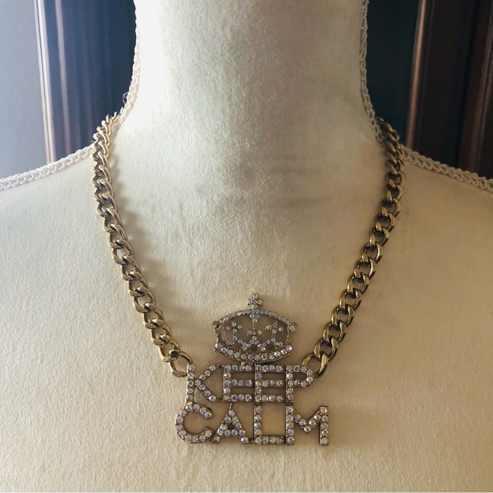 Jewelry Bling bold clear rhinestone “KEEP CALM” chain link necklace Size ONE SIZE - 3 Thumbnail