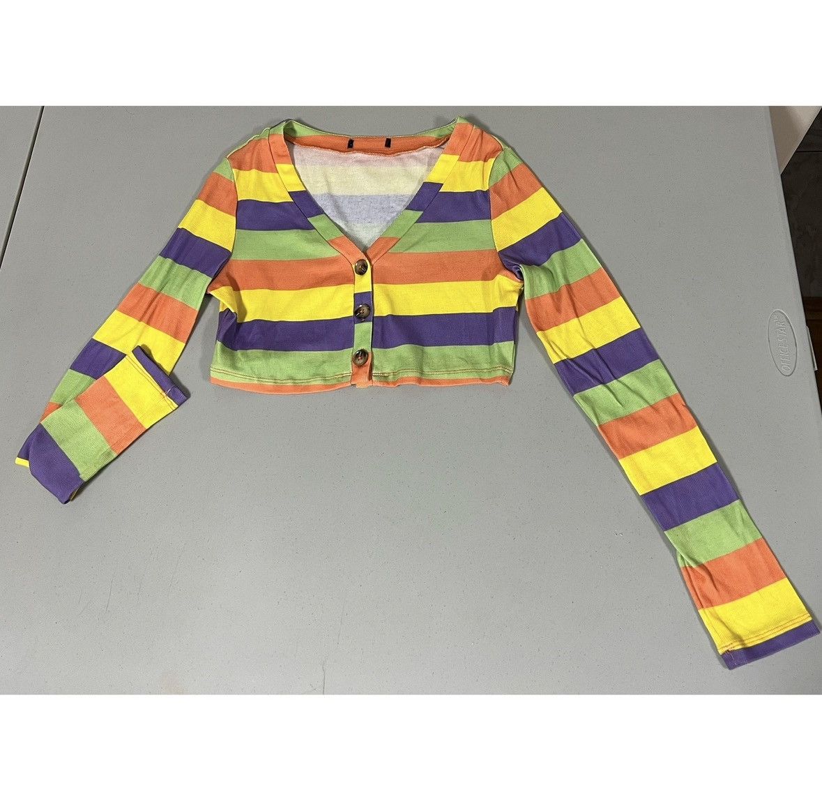Japanese Brand Yellow Striped Long Sleeve Crop Top Cardigan Shirt Size S 💜💛 Size S / US 4 / IT 40 - 1 Thumbnail