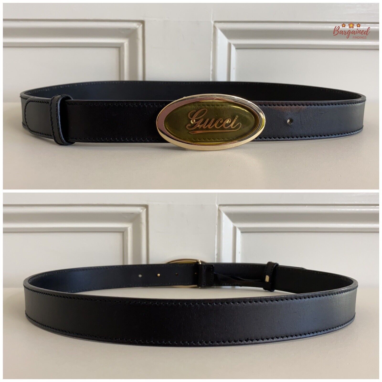 Gucci GUCCI Black Calfskin Leather Gold Script Oval Buckle Belt Size 32 - 7 Thumbnail