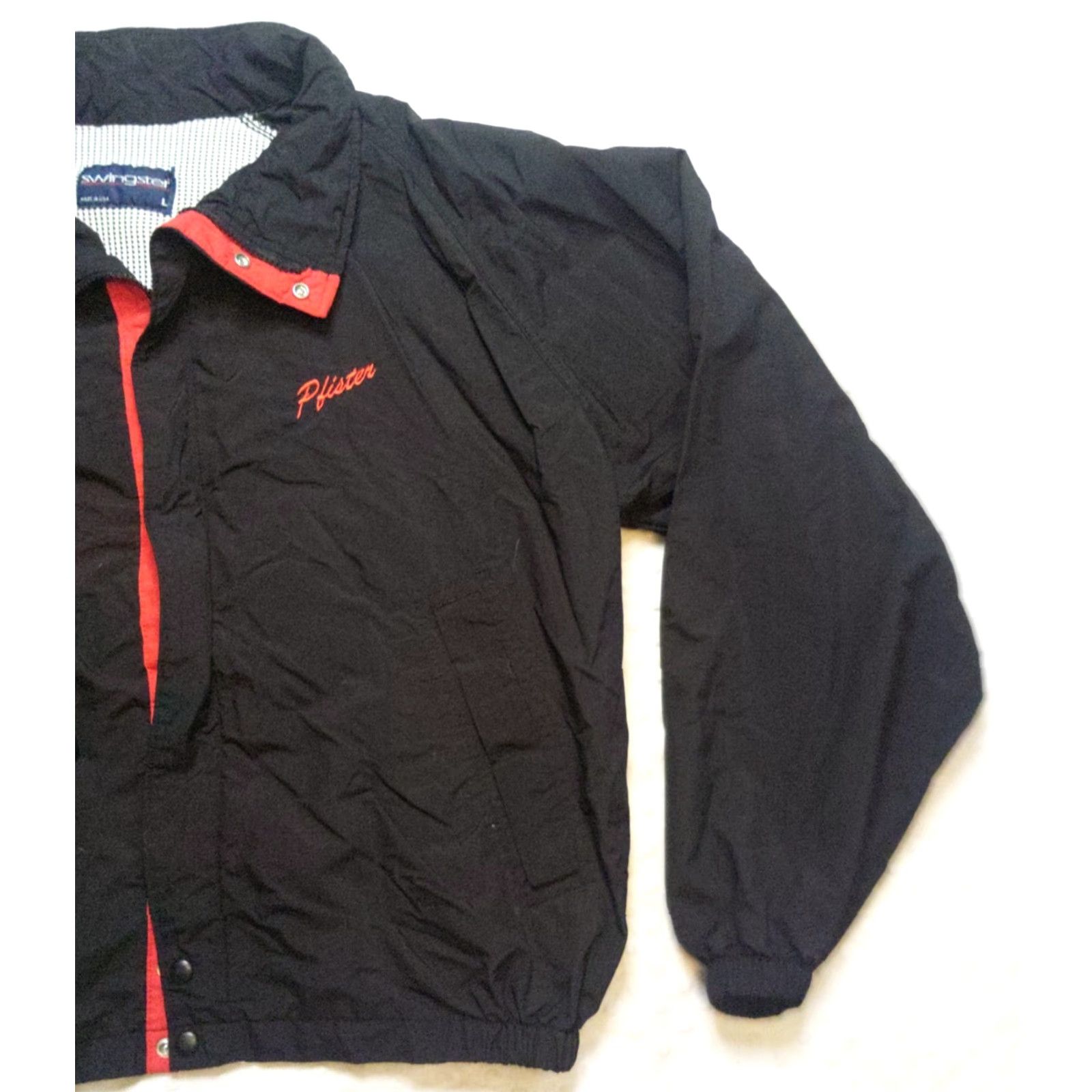 Vintage Swingster Jacket Mens L Black Red Trim Windbreaker Full Zip Snaps Vintage 90s USA Football Baseball Hockey Racing Walking Casual Workwear 46 in Chest Size US L / EU 52-54 / 3 - 2 Thumbnail