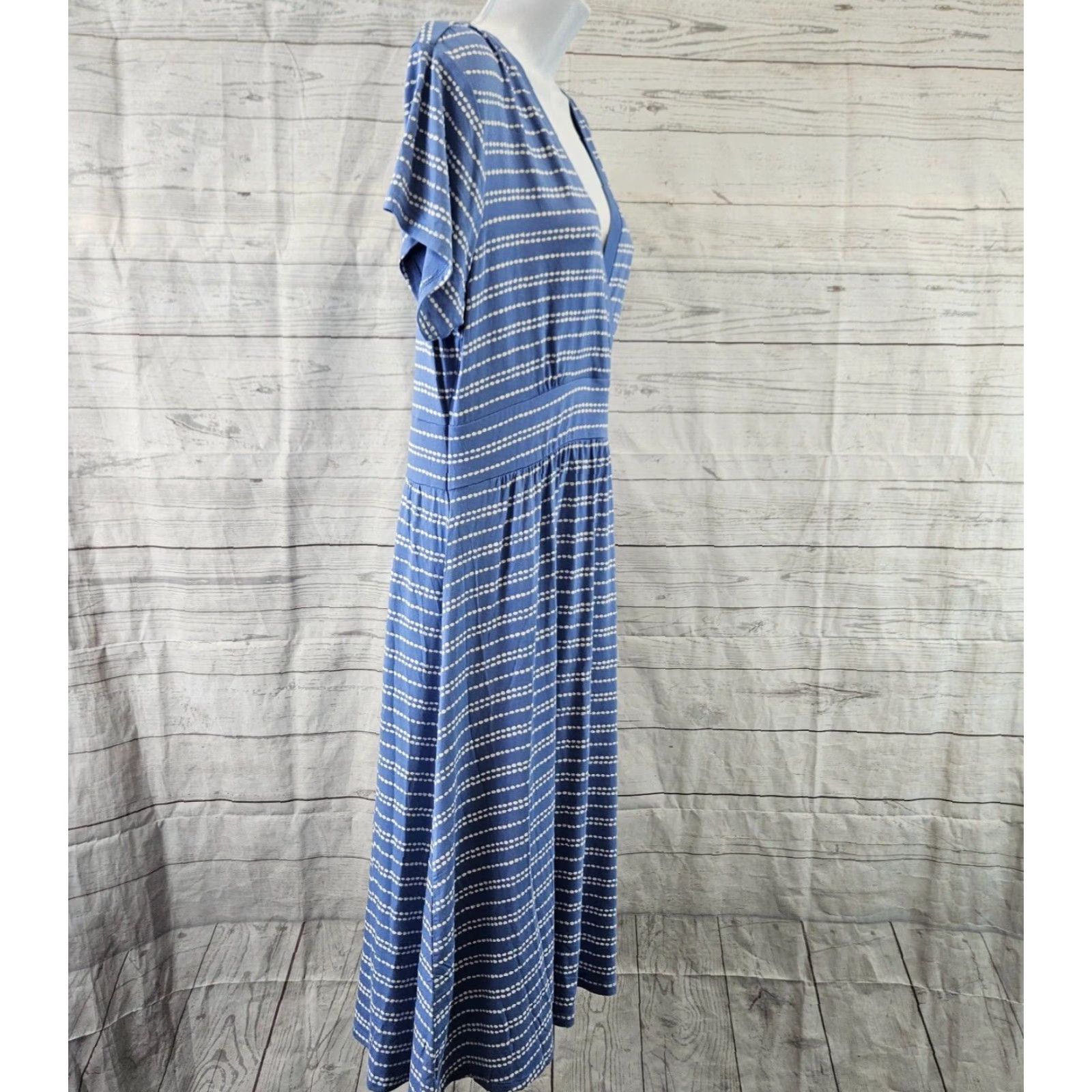 Vintage LL Bean Womens Wrap Dress Sz Large Petite Blue White Short Sleeve V-Neck Midi Size 36" / US 14 / IT 50 - 3 Thumbnail
