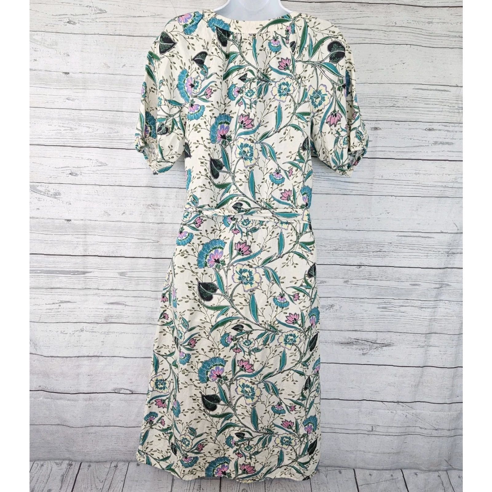 Loft LOFT Ann Taylor Womens Midi Dress S Floral Linen Viscose Belted Green Pink A-Line Short Sleeve 43" Length Womens Size S / US 4 / IT 40 - 3 Thumbnail
