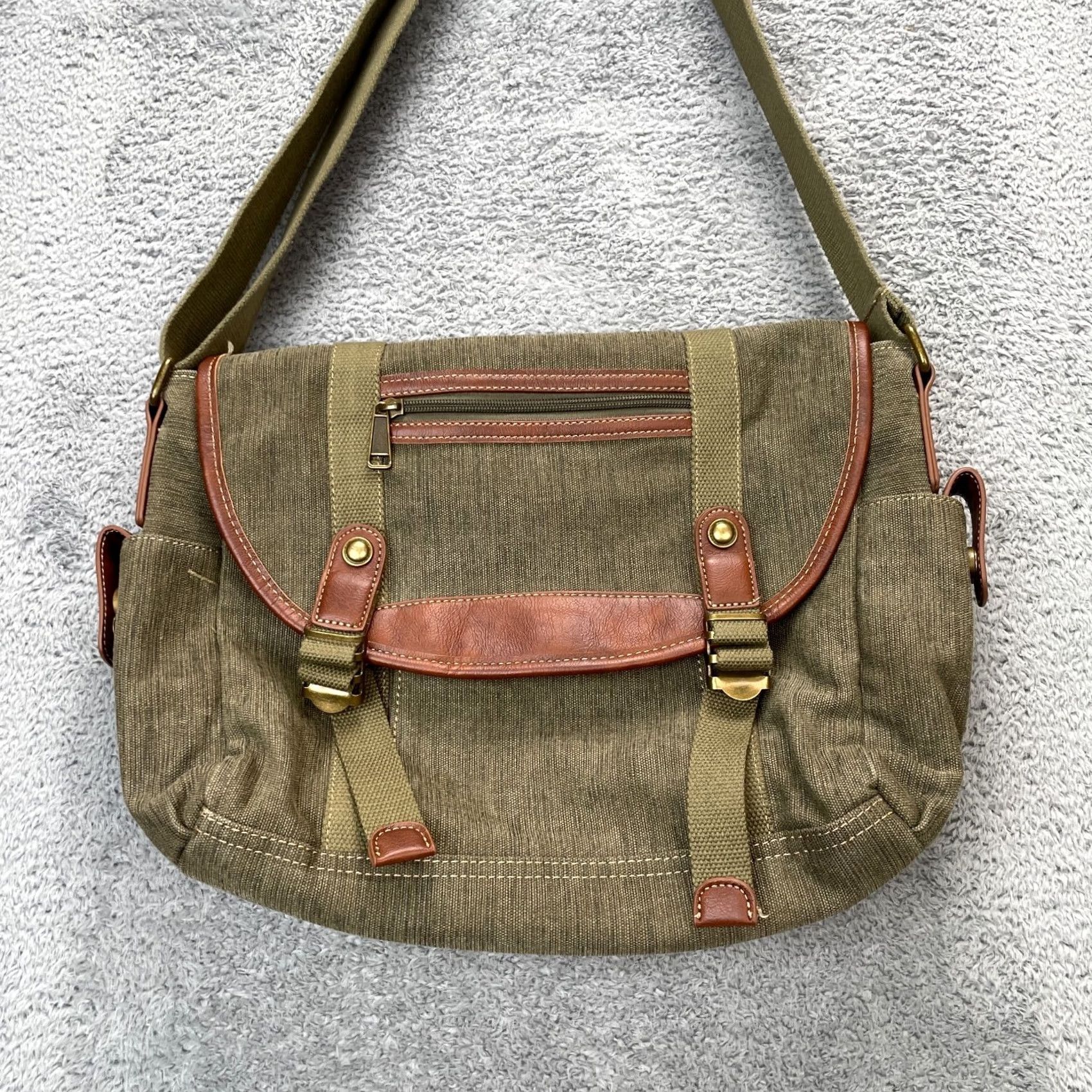 Vintage Cargoit Bag Crossbody Mens Green Canvas Leather Trim Pockets Adjustable Strap Size ONE SIZE - 2 Thumbnail