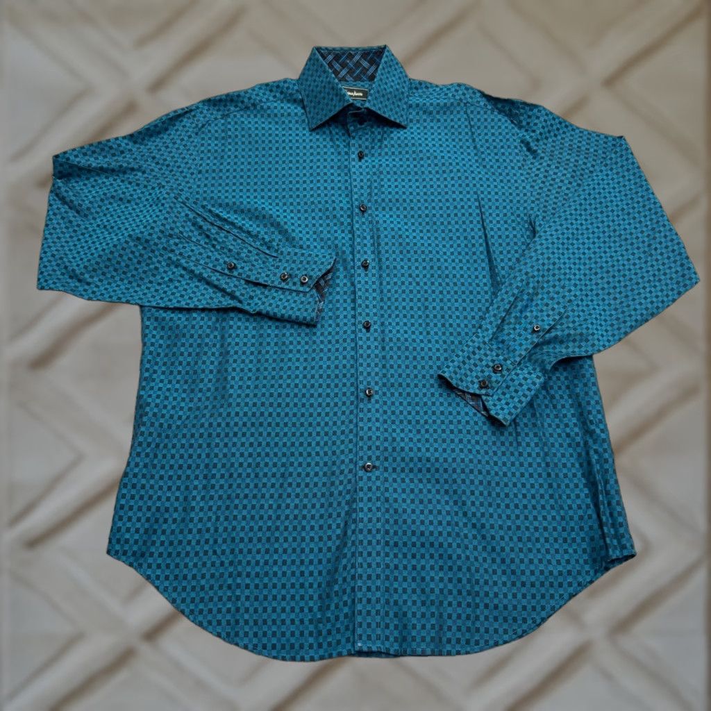 Neiman Marcus Neiman Marcus Shirt Adult Large Blue Check Cotton Button-Down Flip Cuff Regular Fit Preppy Classic Mens Size US L / EU 52-54 / 3 - 1 Thumbnail