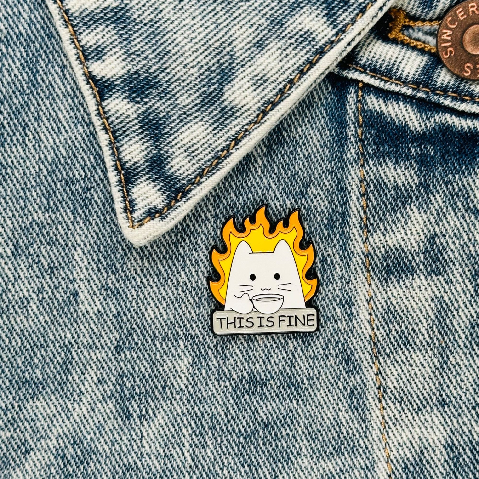 Other New This Is Fine Fire Meme White Cat Funny Metal Pin Badge B Size ONE SIZE - 4 Thumbnail