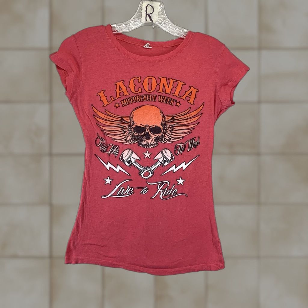 Vintage VINTAGE Laconia Motorcycle Biker Shirt Small Red Skull Wings Graphic Cap Sleeve Womens Size S / US 4 / IT 40 - 1 Thumbnail