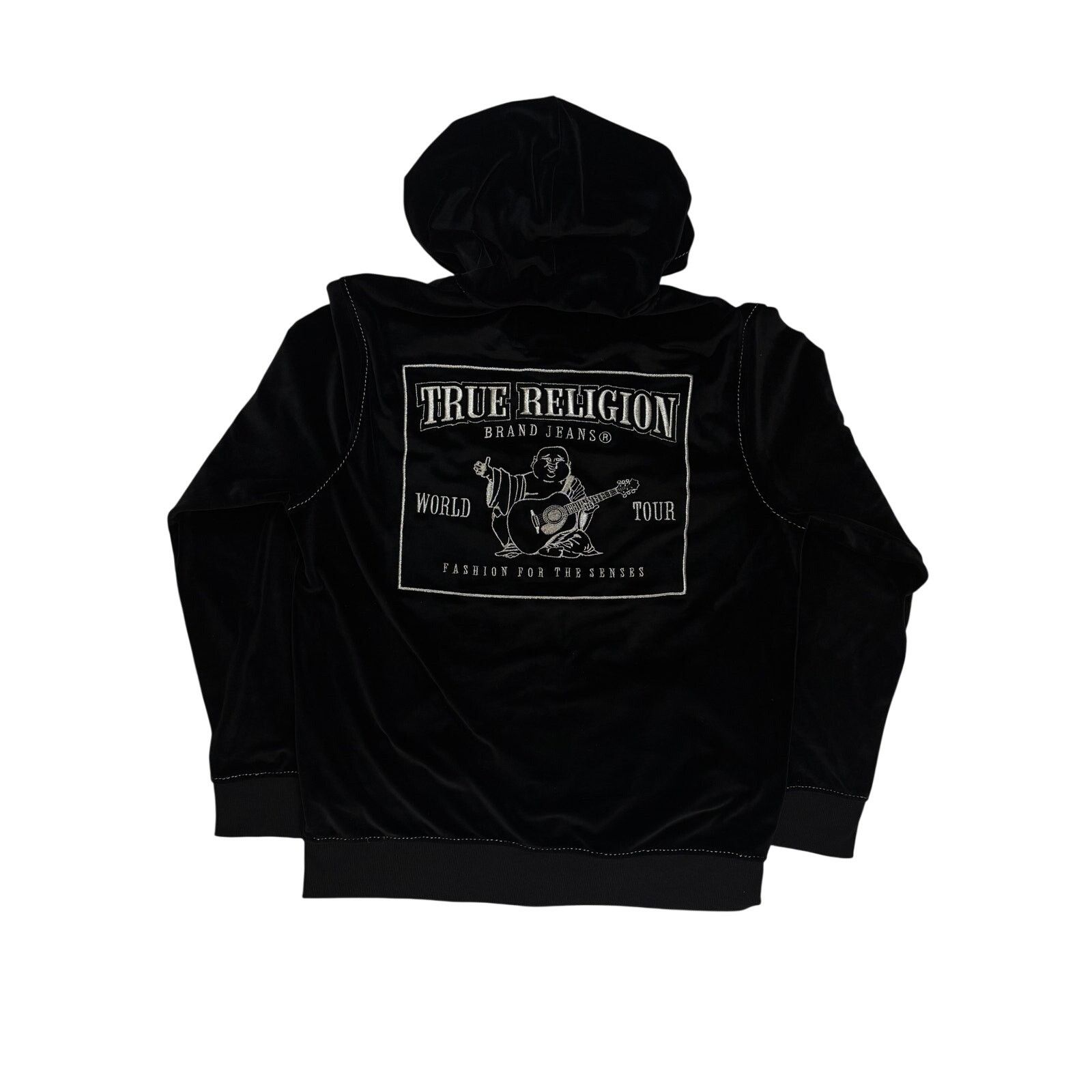 True Religion Black Velour Big T Zip Up Hoodie Silk-Feel