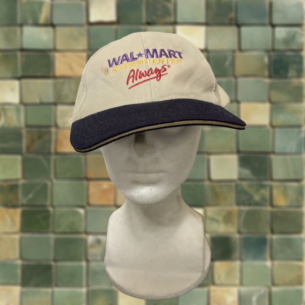 Walmart VINTAGE Walmart Supercenter Hat Cap Beige Blue Embroidered Advertising 90s Mens Size ONE SIZE - 1 Thumbnail