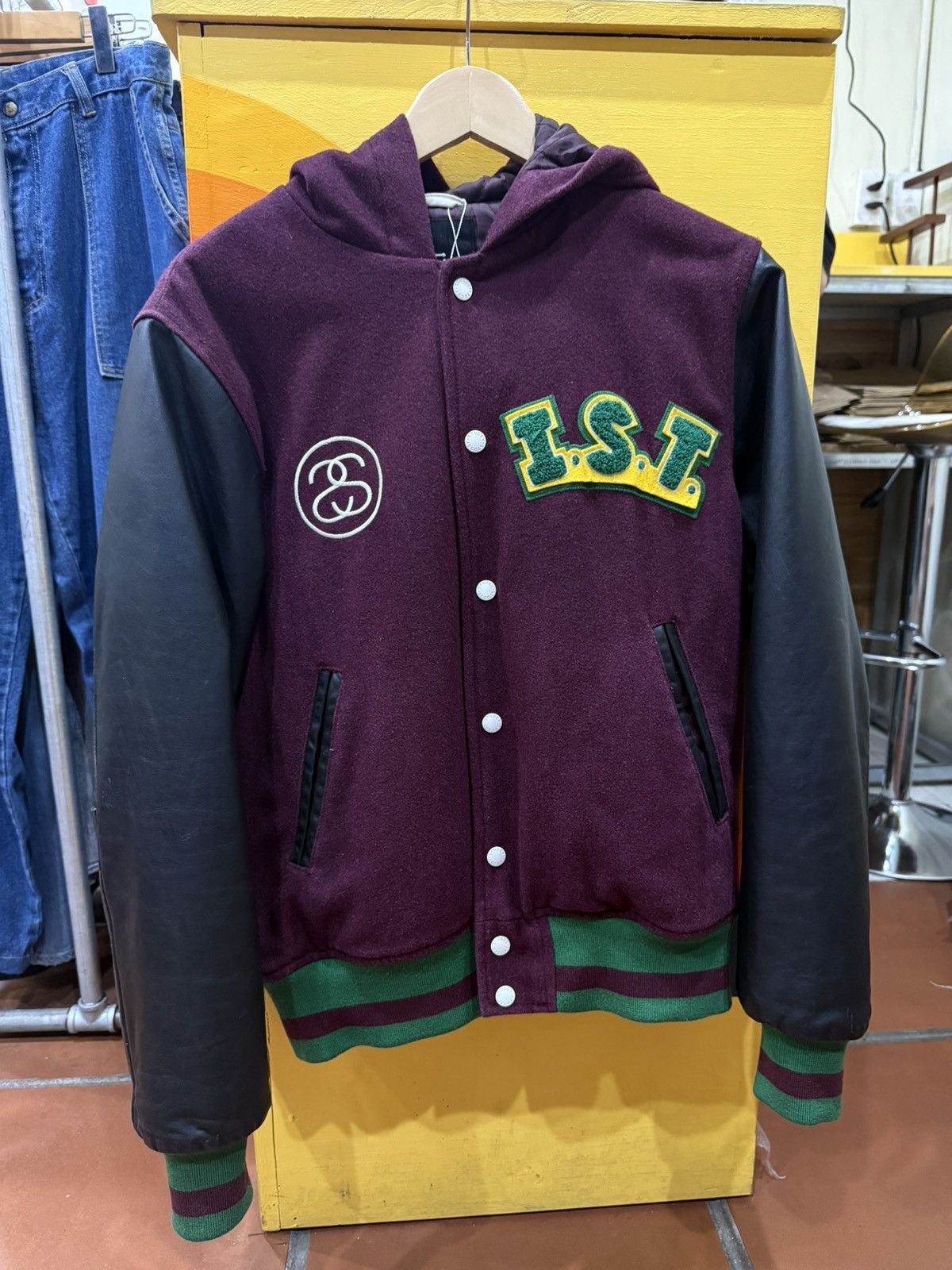 ジャケット・アウター STUSSY INTERNATIONAL TRIBE Varsity Jack 1990 Stussy International Tribe Wool & Leather Red Vintage