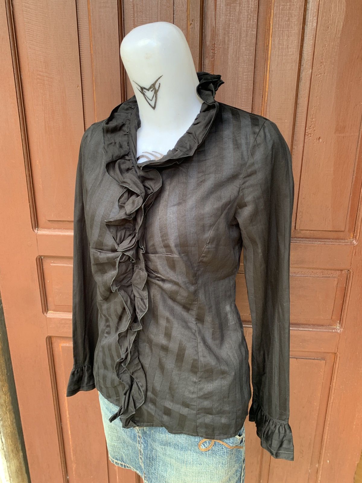 Japanese Brand NARACAMICIE Japan Black Stripes Ruffle Fitted Blouse Shirt Size S / US 4 / IT 40 - 2 Thumbnail
