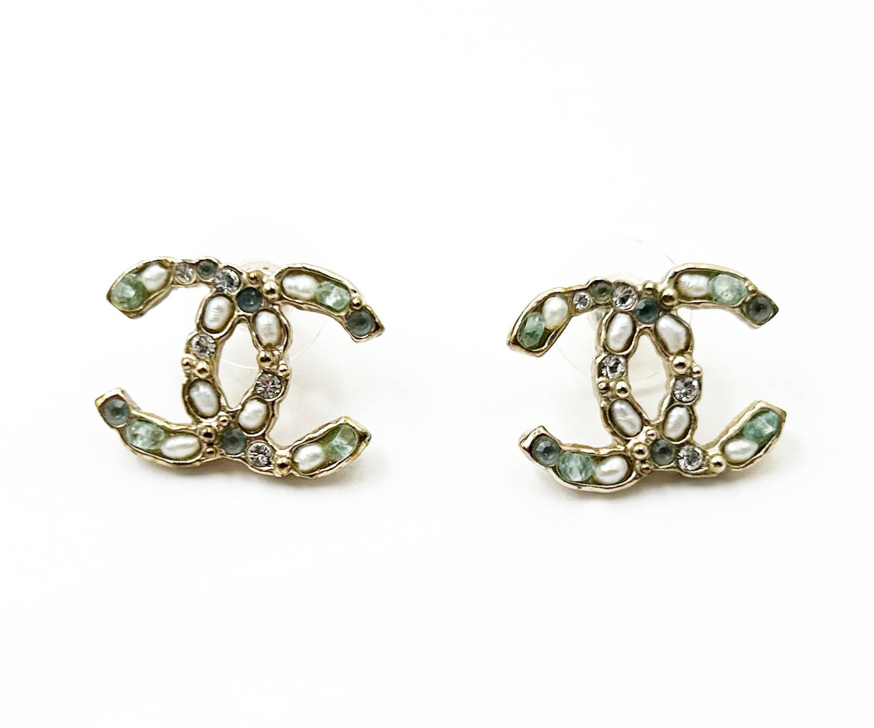 Chanel Chanel Gold CC Seed Pearl Mint Crystal PIercing Earrings Size ONE SIZE - 1 Thumbnail