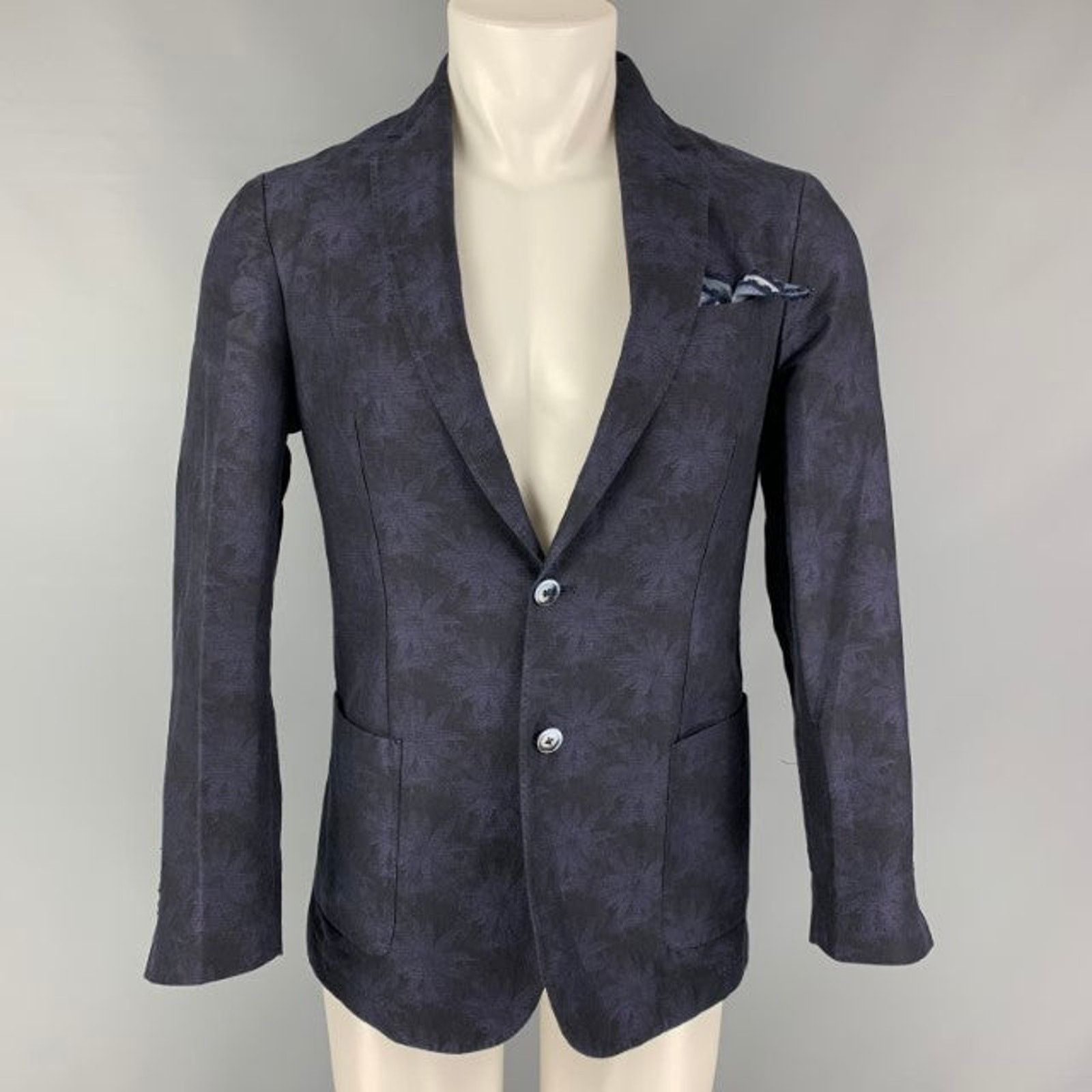 Black & Purple Floral Cotton & Flax Notch Lapel Sport Coat