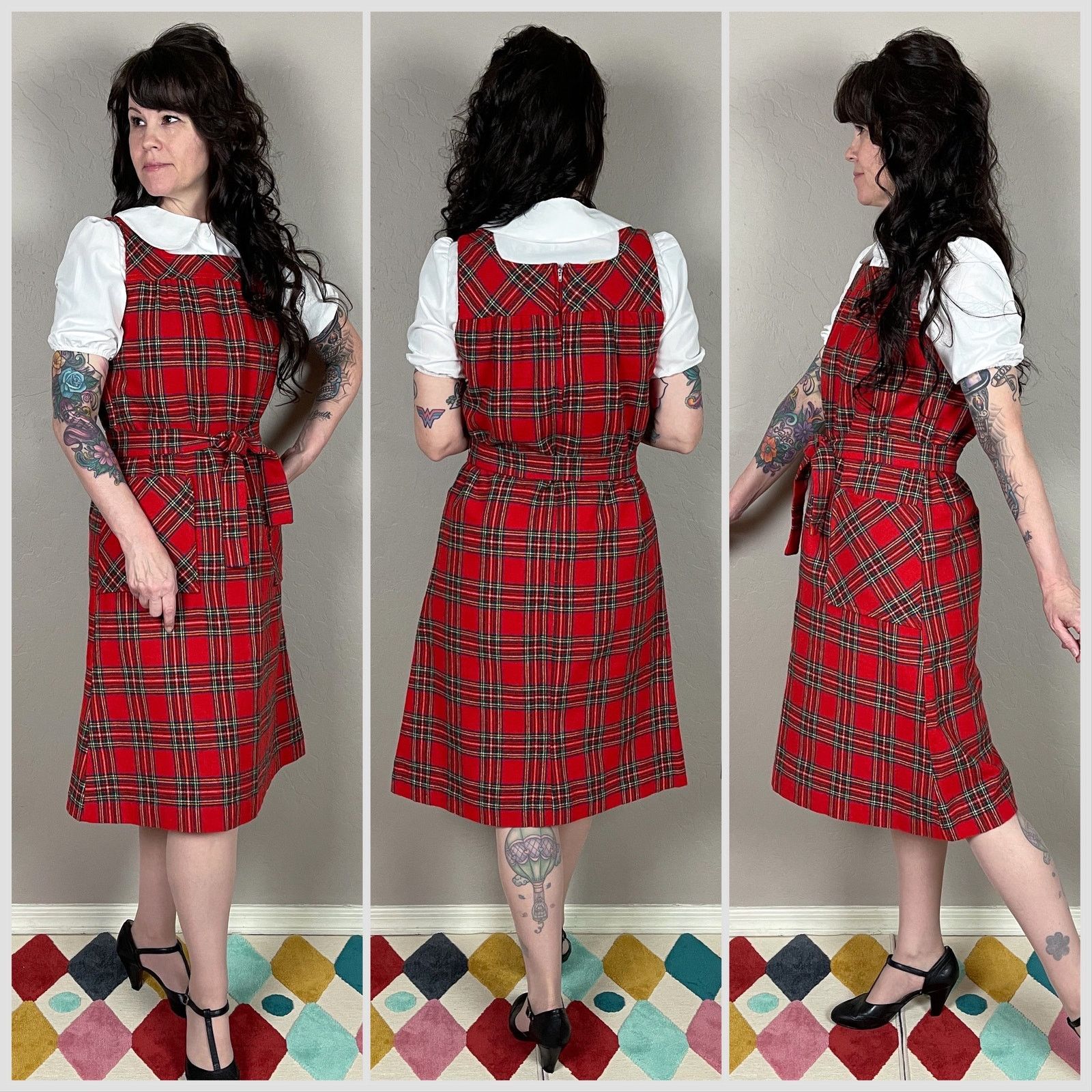 Vintage 1970s Red Tartan Plaid A-Line Pinafore Jumper Dress