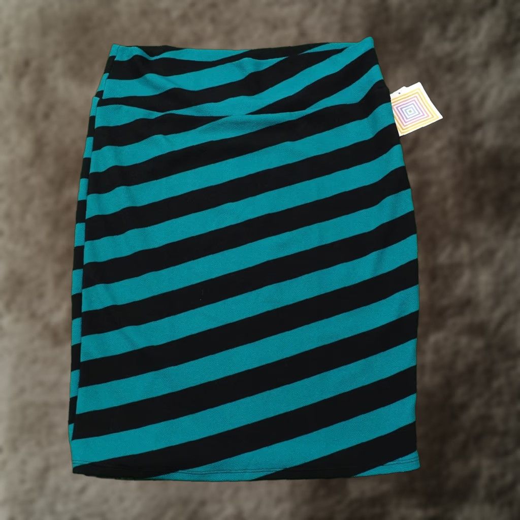 Vintage Lularoe Skirt Womens XL Green Black Cassie Pencil Stripe Stretch Knee Usa (Size 40)