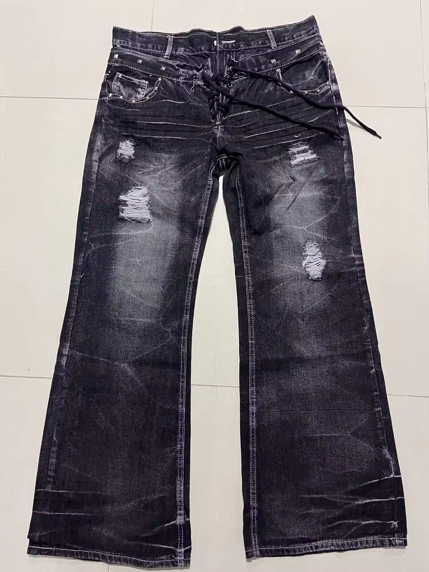 Japanese Brand Y2K Washed Micro Flared Double Waisted Lace Up Jean Size US 37 - 6 Thumbnail