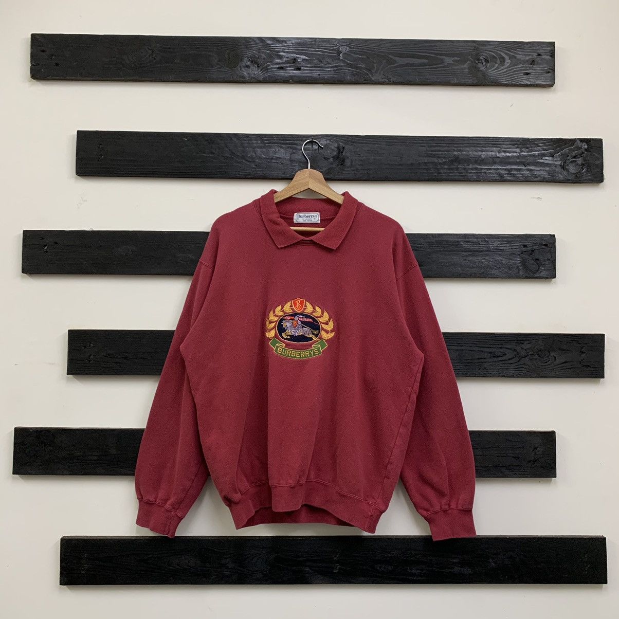 image of Vintage Burberrys Prorsum Embroidery Logo Sweatshirt in Maroon, Men's (Size Large)