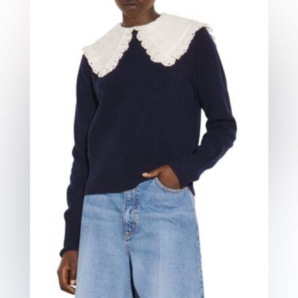 Sandro Sandro Sivane Navy Wool Pilgrim Collar Sweater Size 2(S) Size S / US 4 / IT 40 - 2 Thumbnail