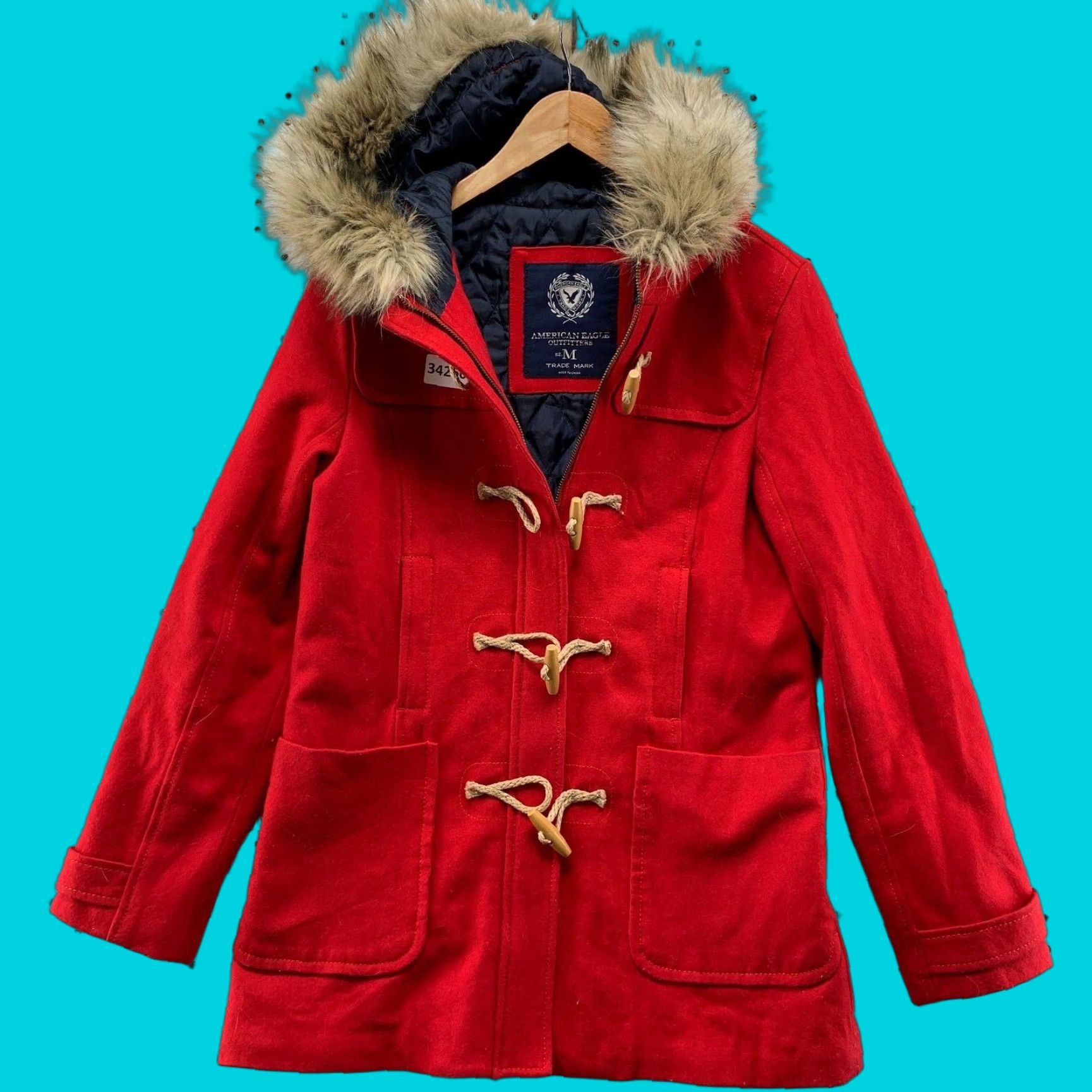 American Eagle Outfitters American Eagle Wool Coat Womens Medium Red Hooded Toggle Faux Fur 20x29 Coat Women Red Wool Blend Pea Coat Winter Removable? Size M / US 6-8 / IT 42-44 - 1 Thumbnail