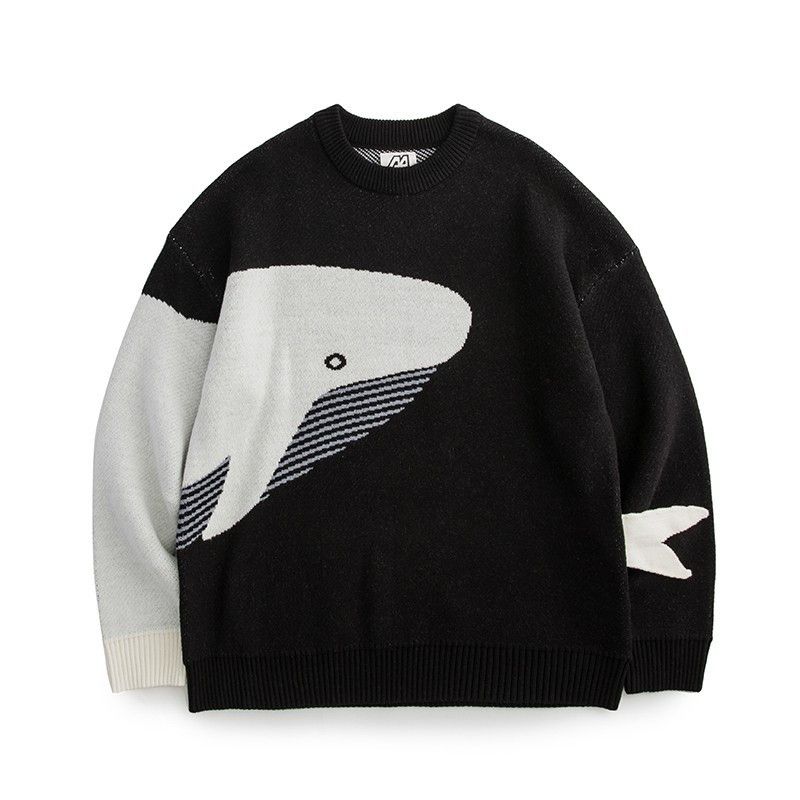 Japanese Brand Black casual retro cartoon whale print knitted sweater Size US L / EU 52-54 / 3 - 1 Thumbnail