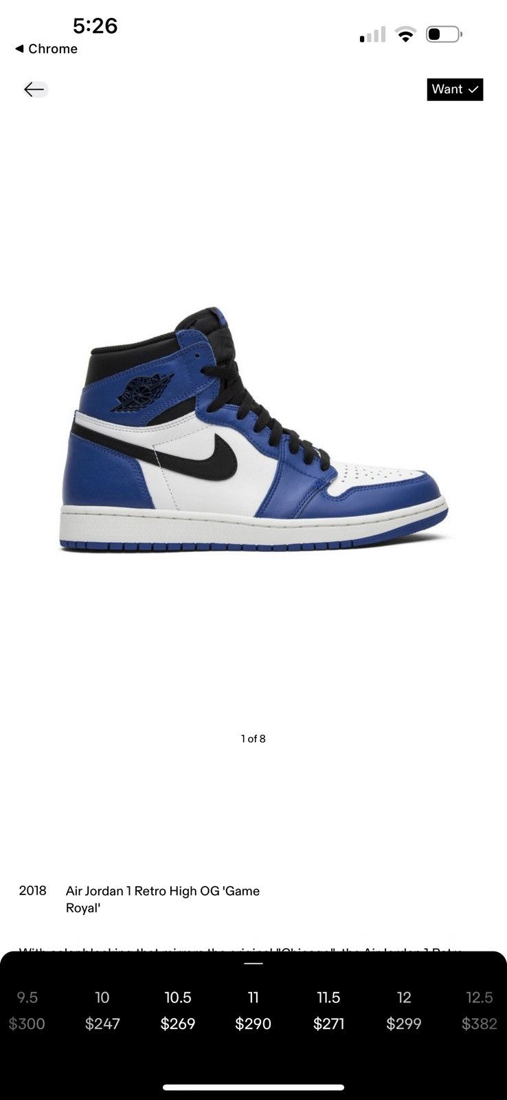 Jordan Brand Air-Jordan 1 Retro High OG “Game Royal Blue” Size US 11 / EU 44 - 8 Thumbnail