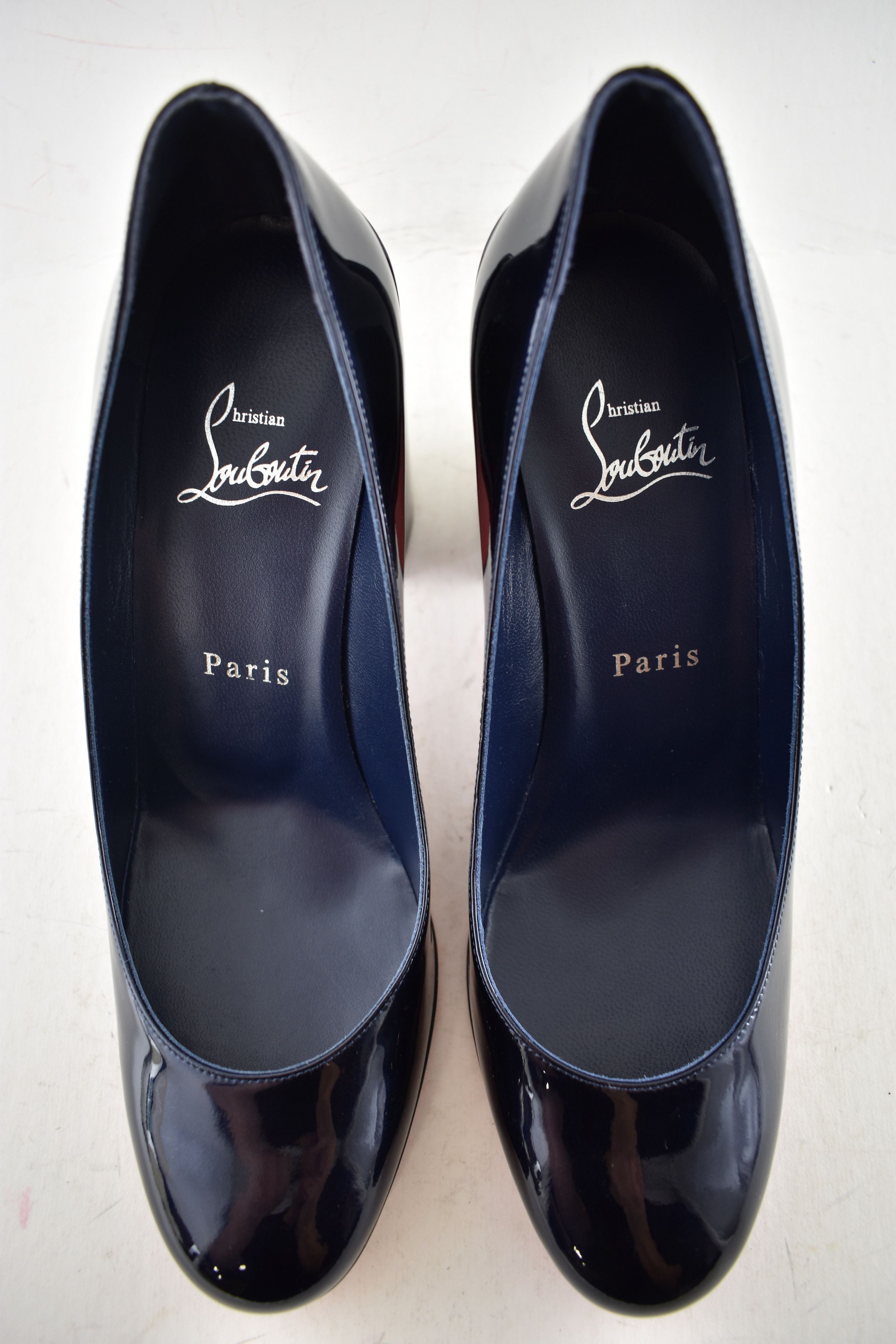 Christian Louboutin Miss Sab 85 Zaffiro Navy Blue Patent Block Heel Pump 37 Size US 7 / IT 37 - 12 Thumbnail