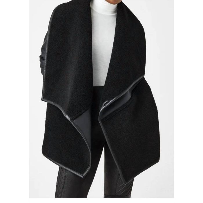 Spanx SPANX Fleece & Faux Leather Long Wrap Jacket In Very Black Grailed