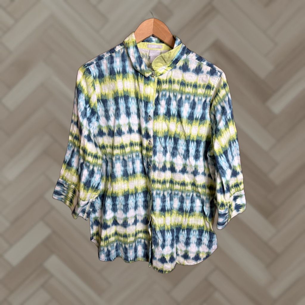 Vintage Chico's 100% Linen Large (Size 2.5, 14) No Iron Green & Blue Button Up Shirt Size XL / US 12-14 / IT 48-50 - 1 Thumbnail