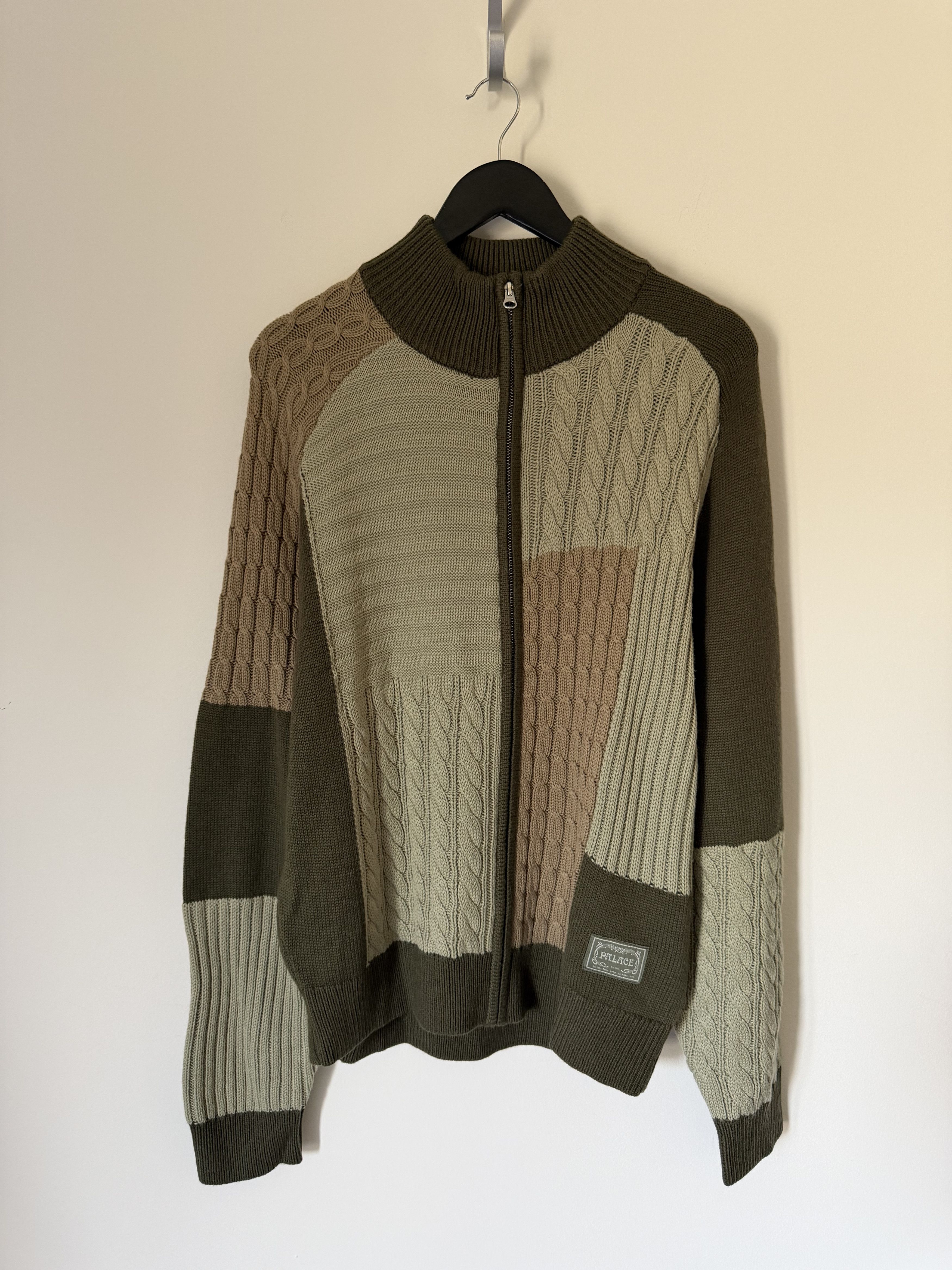 Palace Patchwork Zip Knit Cardigan in Deep Green