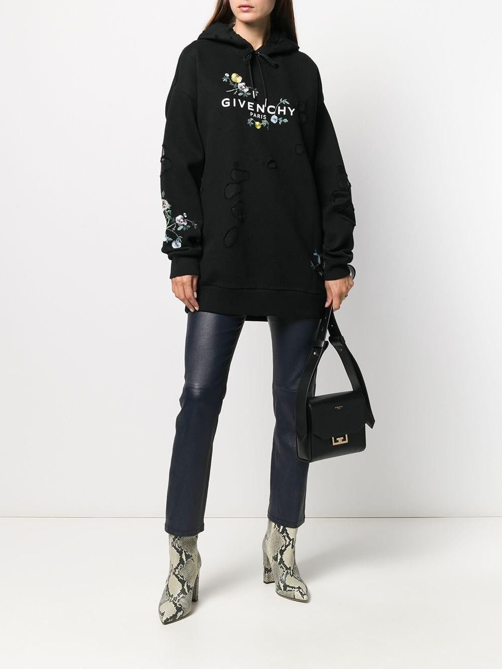 Givenchy Black Floral Embroidered Destroyed Logo Hoodie Size L / US 10 / IT 46 - 3 Thumbnail