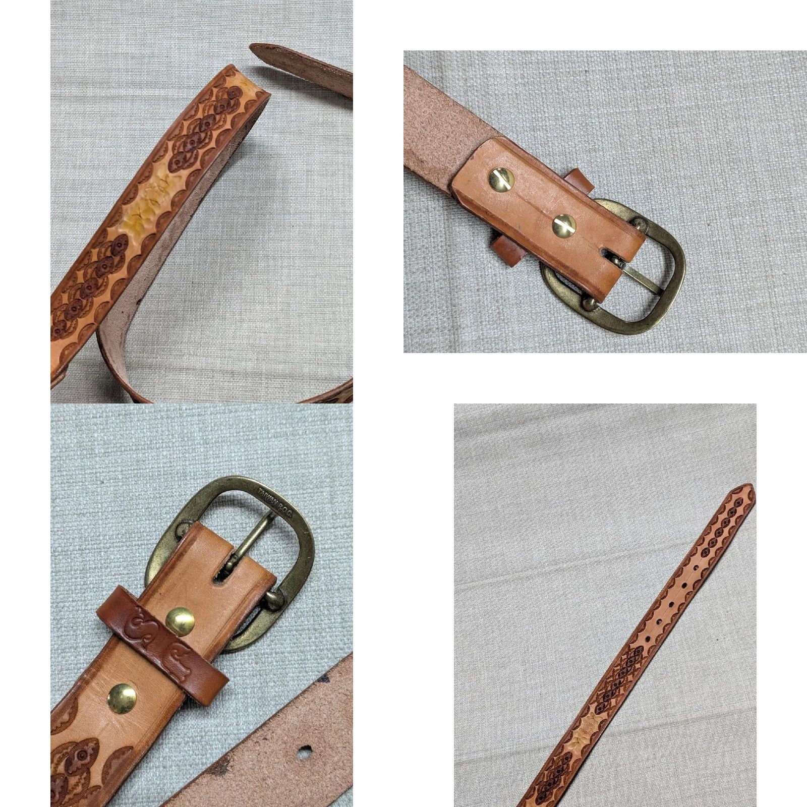 Vintage VINTAGE HANDCRAFTED belt TOOLED cowhide 40 brown WESTERN geometric brass Size 40 - 8 Thumbnail