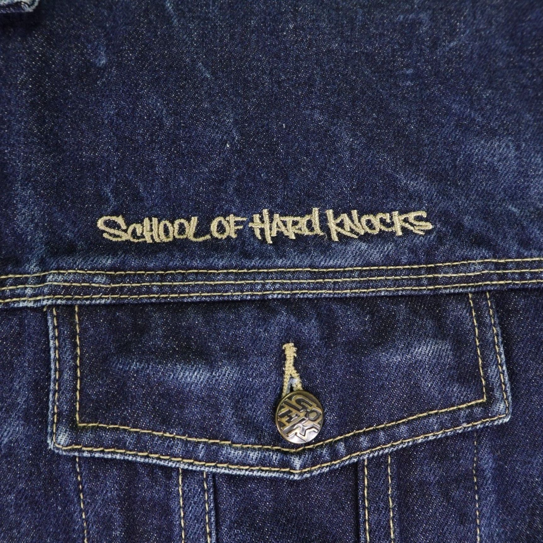 Denime VINTAGE School Of Hard Knocks Jacket 3XL Blue Denim 90s Mens Size US 39 - 4 Thumbnail